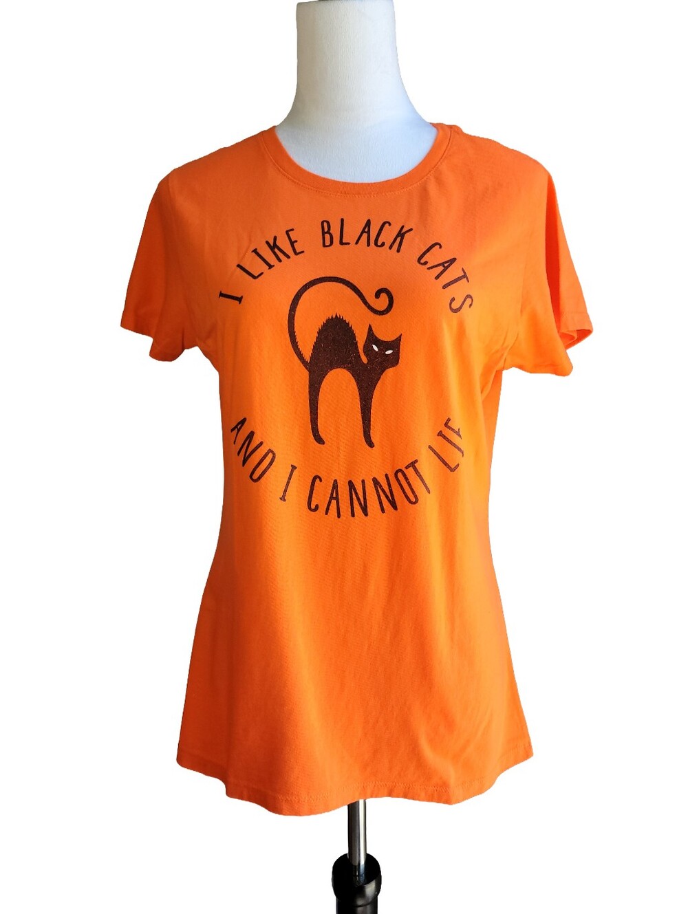 Halloween T-shirt "I Like Black Cats And I Cannot Lie" Orange & Black Size Med